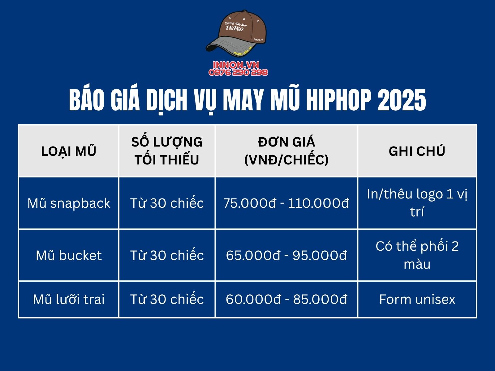 Báo giá dịch vụ may mũ hiphop 2025