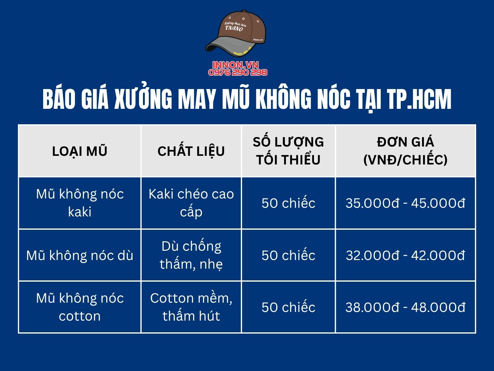 Báo giá xưởng may mũ không nóc tại TP.HCM