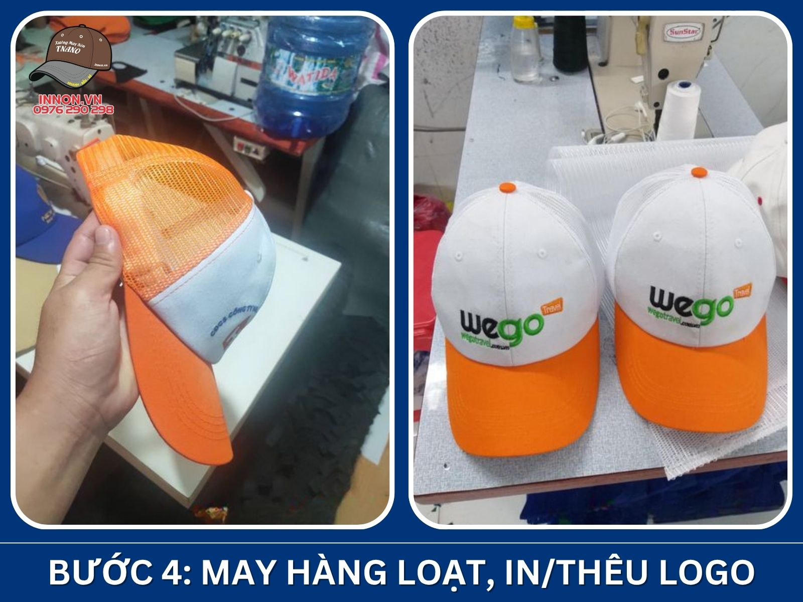 Bước 4: May hàng loạt, in/thêu logo thương hiệu