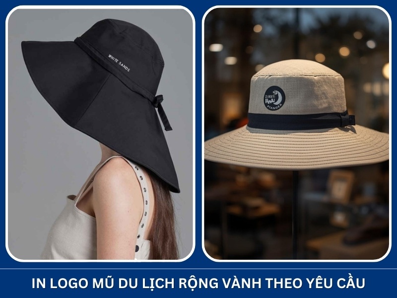 In logo mũ du lịch rộng vành theo yêu cầu
