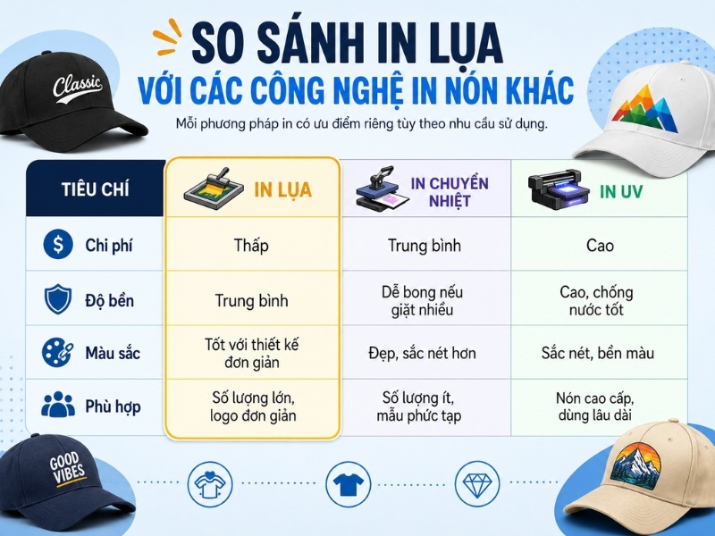 So sánh in lụa với các công nghệ in nón khác