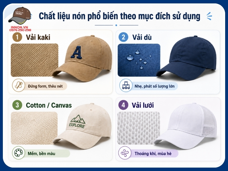 Chất liệu nón phổ biến theo mục đích sử dụng