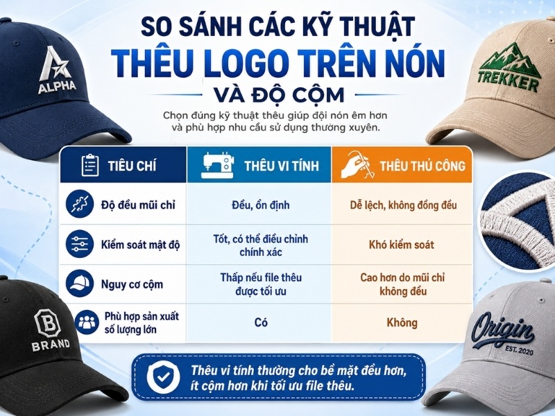 So sánh các kỹ thuật thêu logo trên nón và độ cộm