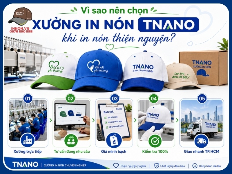 Vì sao nên chọn Xưởng In Nón TNANO khi in nón thiện nguyện?