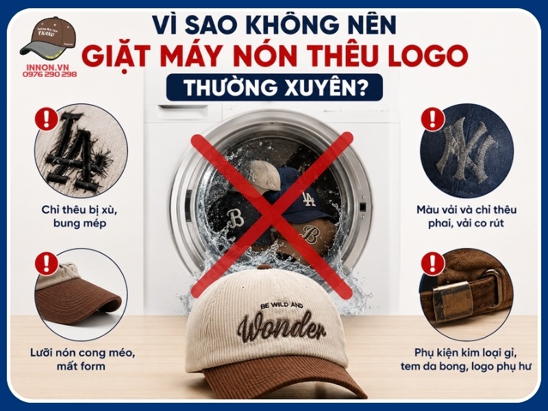Vì sao không nên giặt máy nón thêu logo thường xuyên