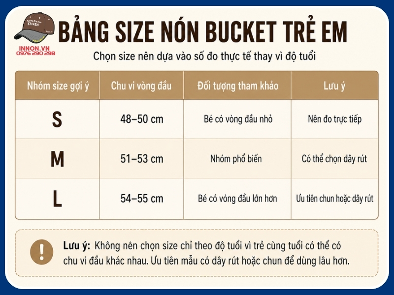 Cách chọn size nón bucket CHUẨN theo số đo vòng đầu 18 Bảng size nón bucket trẻ em